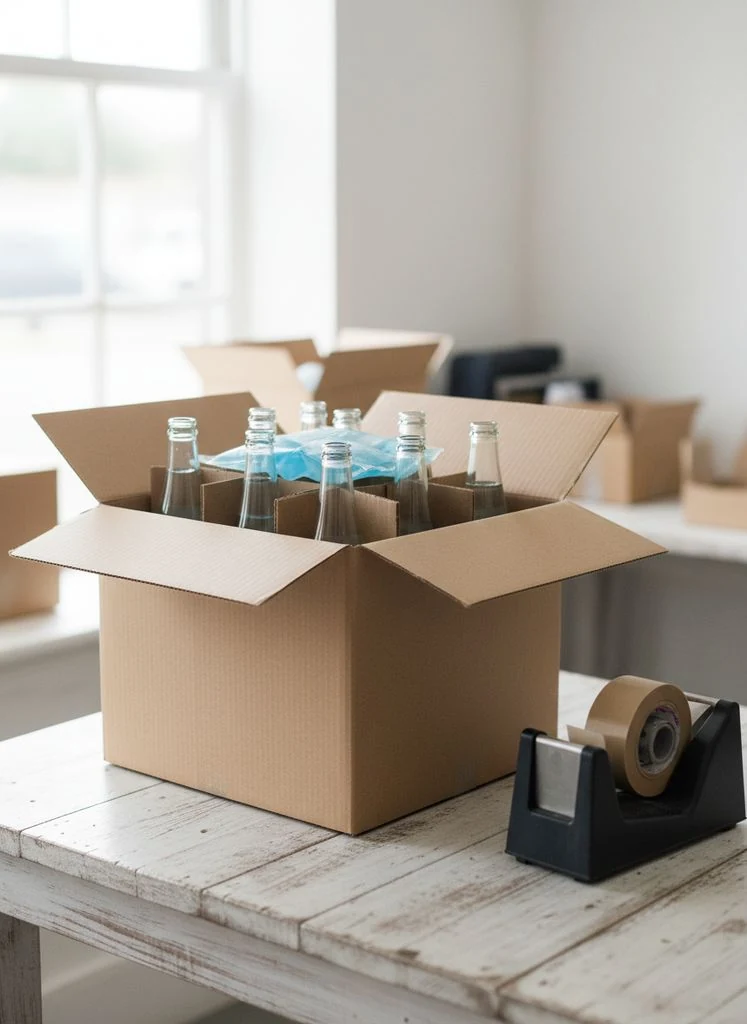 Bottles packed into a shipping box on the dispatch bench