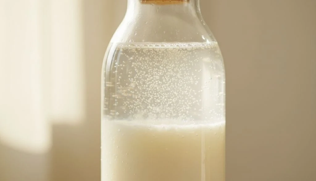 Fine carbonation rising through pale water kefir