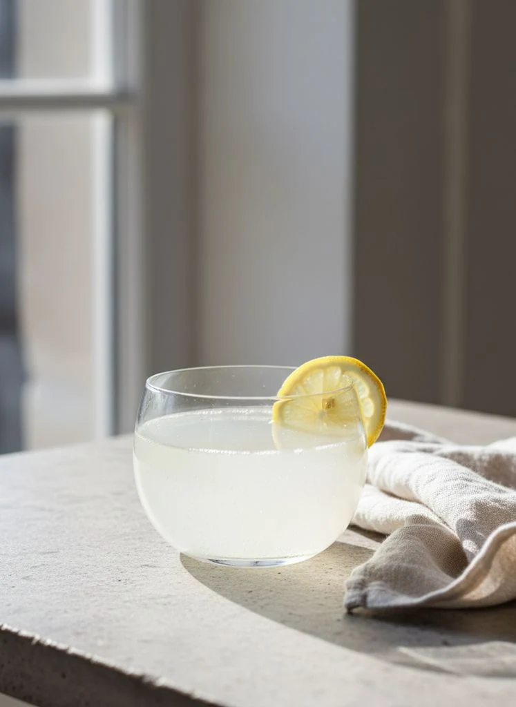 A glass of water kefir over ice with condensation
