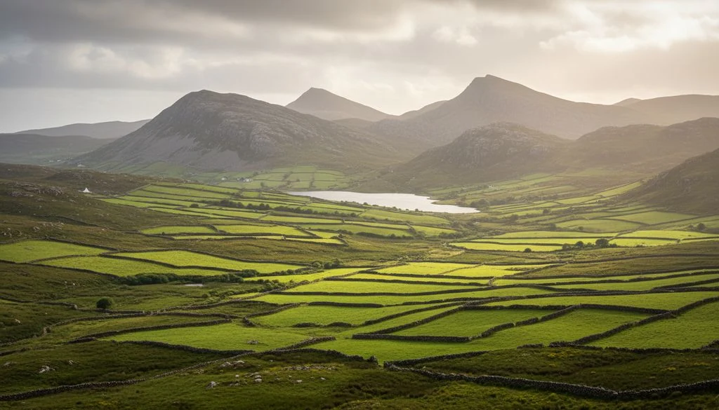 Stone-walled fields and mountains in the west of Ireland