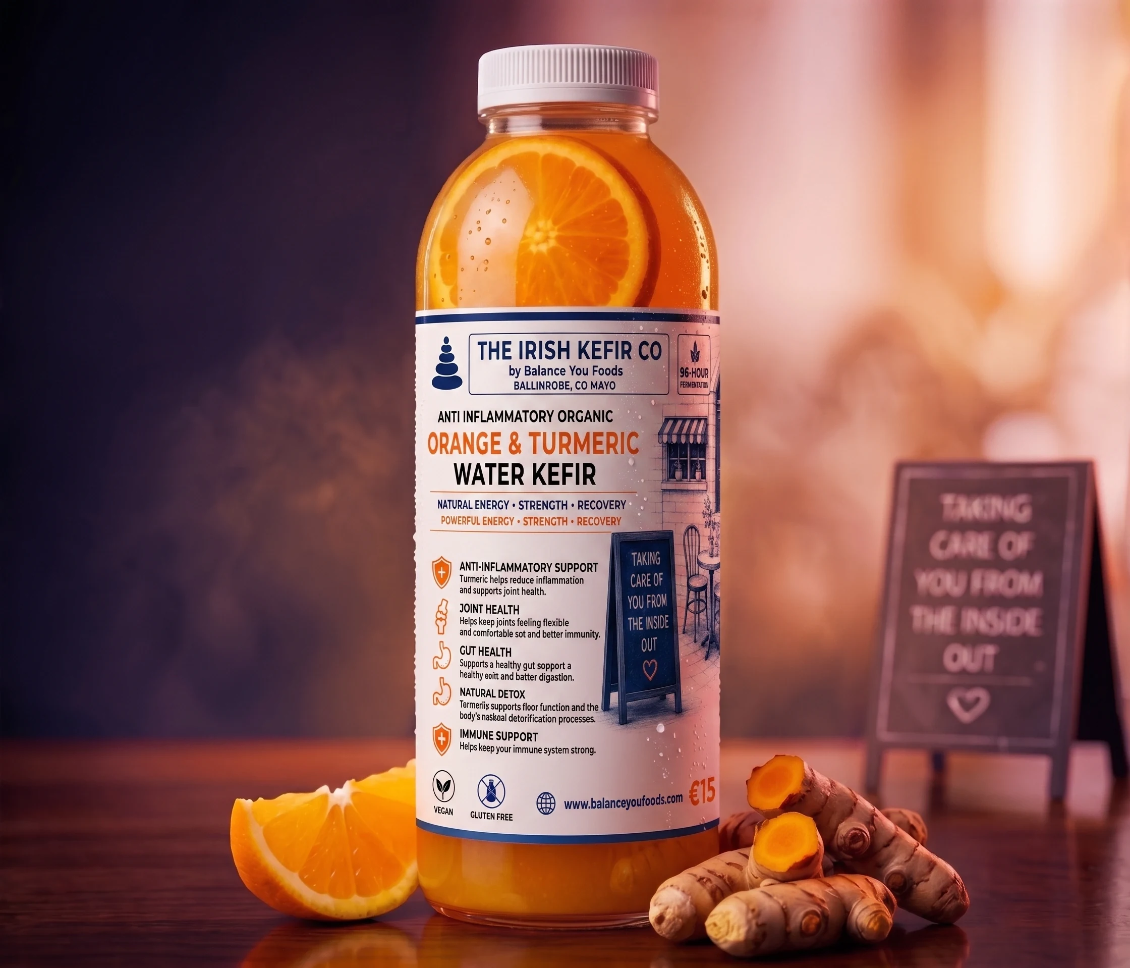 Organic Orange & Turmeric water kefir bottle