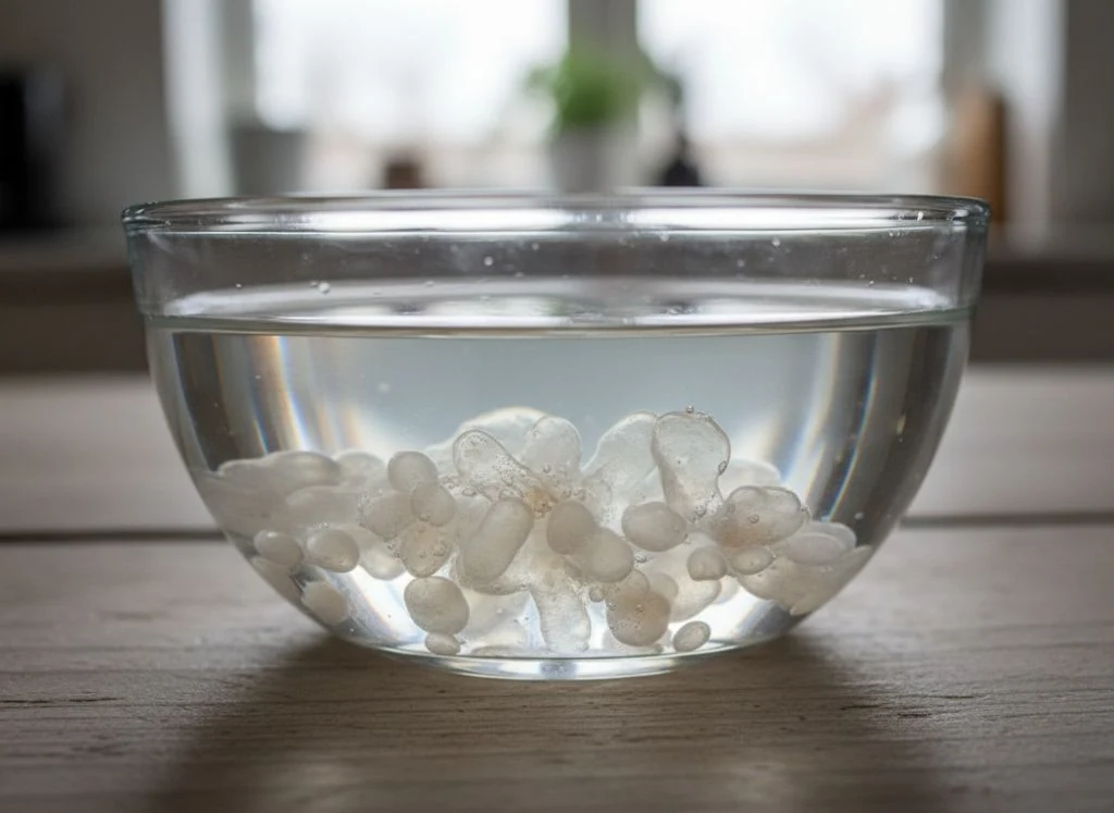 Live water kefir grains being strained